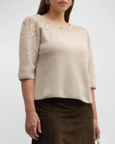 Neiman Marcus Plus Size Cashmere Pullover With Ombre Sequin Details - Natural
