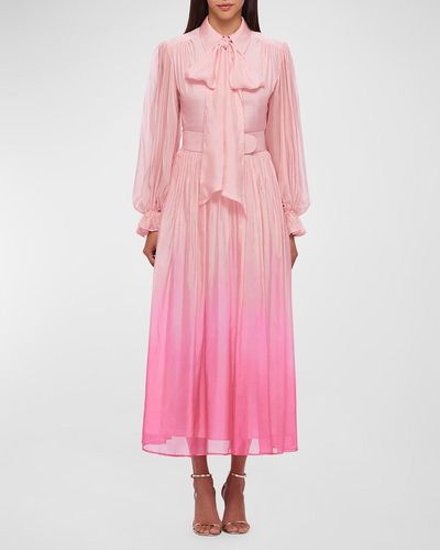 LEO LIN Cassie Blouson-Sleeve Ombre Midi Shirtdress - Pink