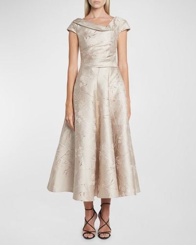 Talbot Runhof Metallic Twig And Bloom Jacquard Cap-Sleeve Tea-Length Dress - Natural