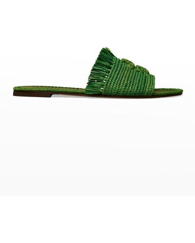 Tory Burch Eleanor Raffia Double T Slide Sandals - Green