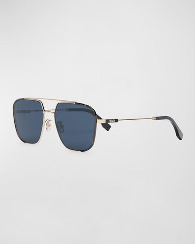 Fendi Double-bridge Metal Rectangle Sunglasses - Blue