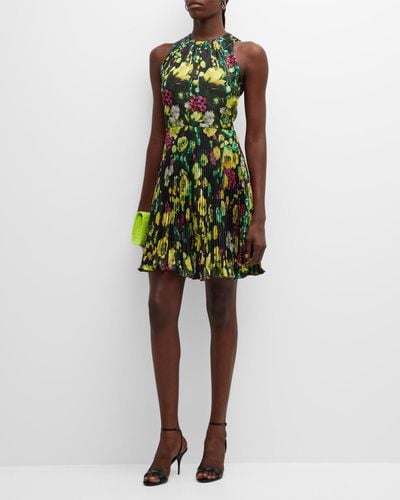 Fuzzi Sleeveless Pleated Floral-Print Mini Dress - Green