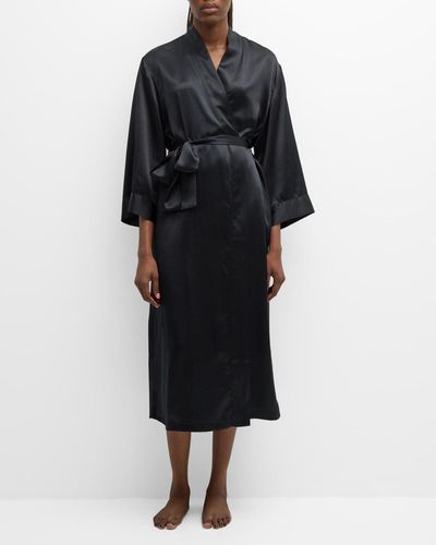 Neiman Marcus 3/4-Sleeve Silk Charmeuse Robe - Black