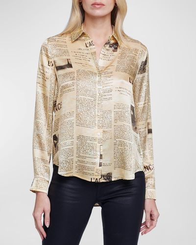 L'Agence Tyler Newspaper-print Button-front Blouse - Natural