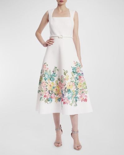 Badgley Mischka Square-Neck Floral-Print Midi Dress - White