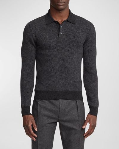 Ralph Lauren Purple Label Herringbone Cashmere Polo-Collar Sweater - Black