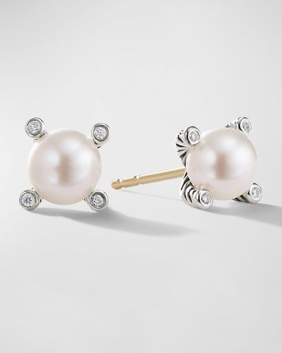David Yurman Cable Collectibles Pearl Earrings With Diamonds And Silver, 7mm - Metallic