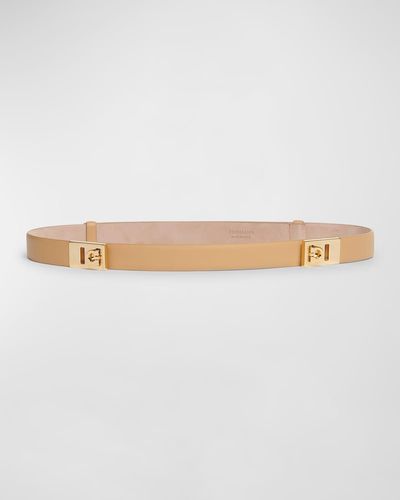 Ferragamo Hug Leather Belt With Double Gancini Buckle - Natural