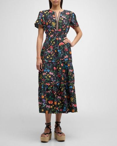 Johnny Was Harper Tiered Floral-Print Silk Midi Dress - Multicolor