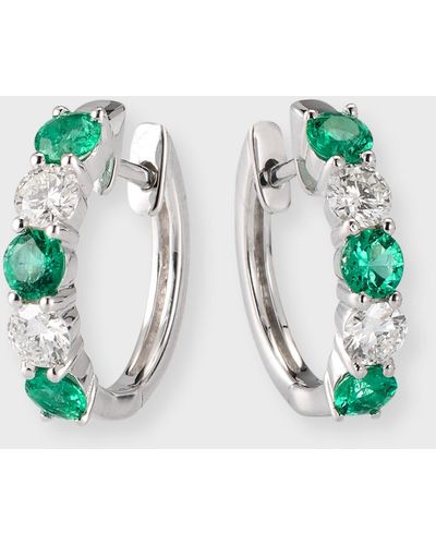 David Kord 18k White Gold Earrings With 3.3mm Alternating Emeralds And Diamonds - Blue