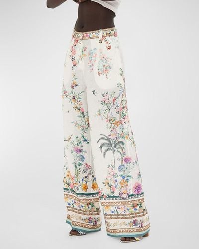 Camilla Floral Linen Wide-leg Pants - White