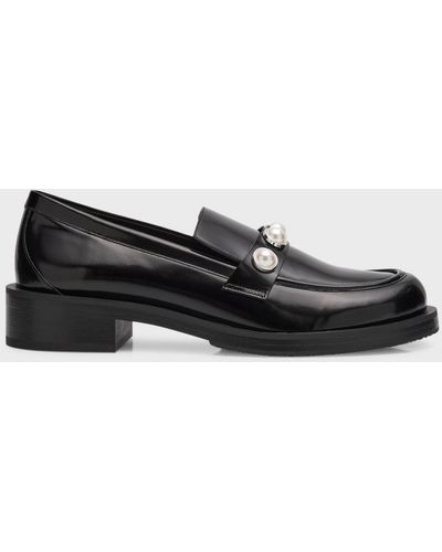 Stuart Weitzman Portia Leather Pearly Slip-On Loafers - Black