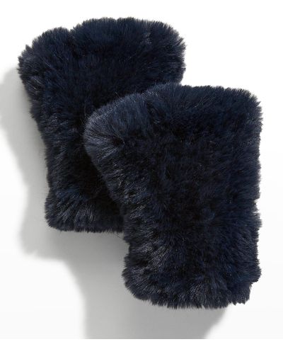 Surell Faux Fur Knitted Fingerless Mittens - Blue
