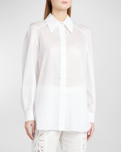 Alberta Ferretti Blouson-Sleeve Cotton Collared Blouse - White