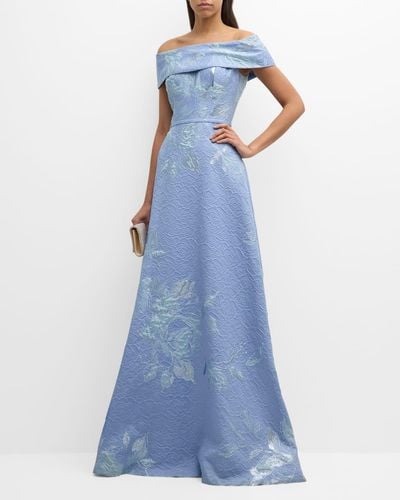 Teri Jon Off-Shoulder Metallic Flower Jacquard Gown - Blue