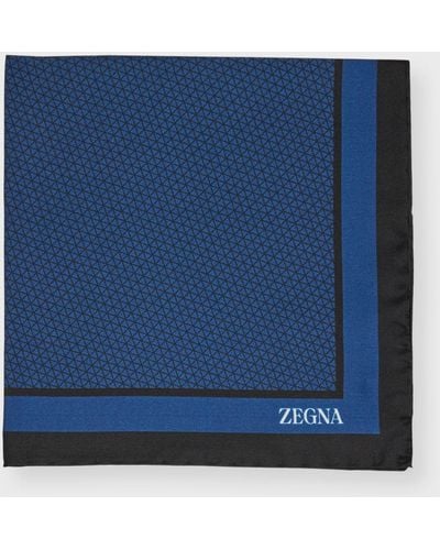 Zegna Mulberry Silk Geometric-Print Pocket Square - Blue