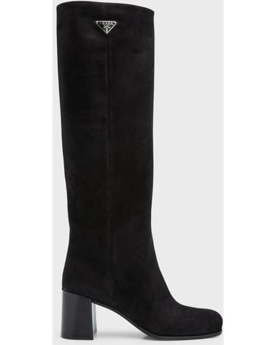 Prada Suede Block-Heel Knee Boots - Black