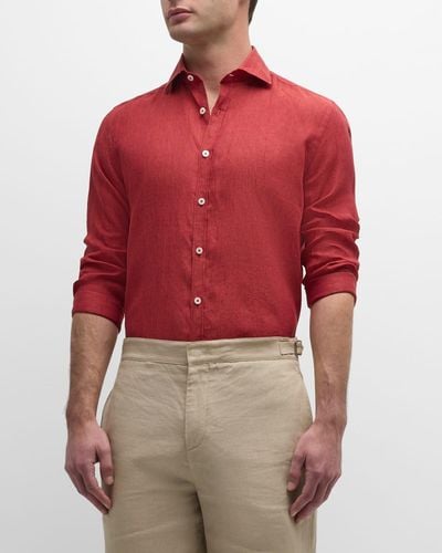 Canali Linen Casual Button-Down Shirt - Red
