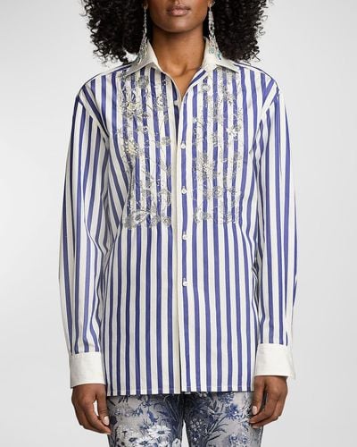 Ralph Lauren Collection Capri Umbrella Striped Embroidered Button-Front Shirt - Blue