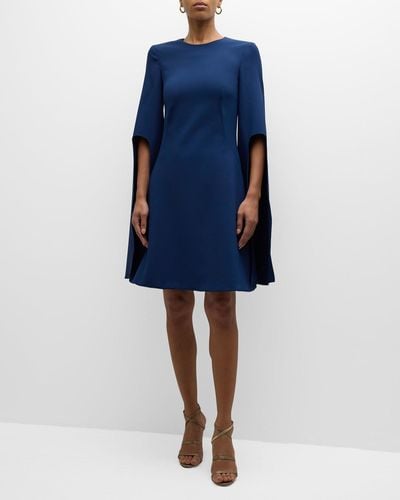 Pamella Roland Crepe Cape-Sleeve Cocktail Dress - Blue