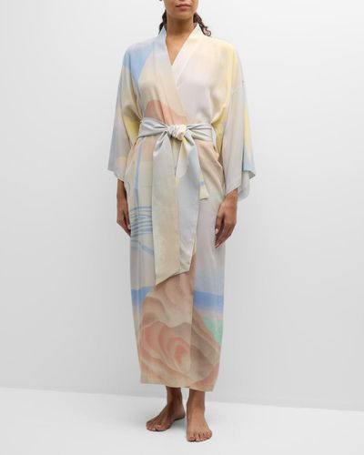 Olivia Von Halle Queenie Landscape-Print Silk Kimono Robe - Natural