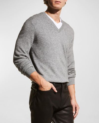 Neiman Marcus Wool-Cashmere Knit V-Neck Sweater - Gray