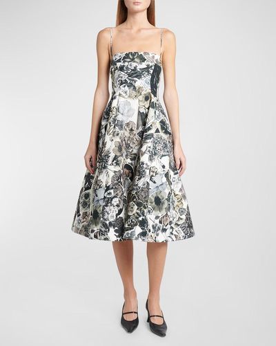 Marni Floral-Print Fit-Flare Mididress With Bustier Top - White