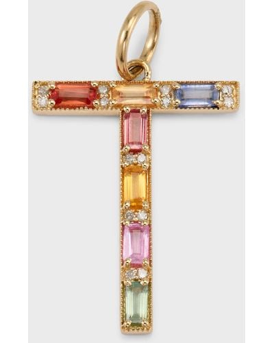 Kastel Jewelry Initial T Pendant With Multicolor Sapphires And Diamonds - White