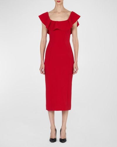 Carolina Herrera Ruffle Off-Shoulder Midi Dress - Red