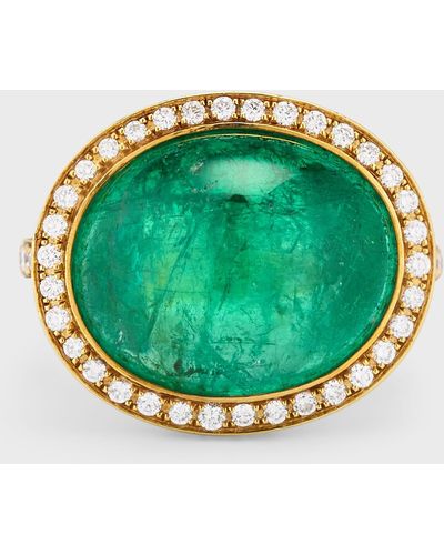 Alexander Laut 18k Yellow Gold Emerald Cabochon Ring With Diamonds - Green