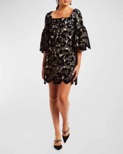 mestiza Vivienne Bell-Sleeve Velvet Lace Mini Dress - Black