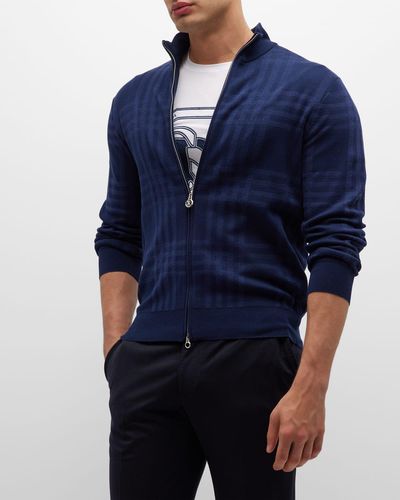 Stefano Ricci Cotton-Silk Plaid Full-Zip Sweater - Blue