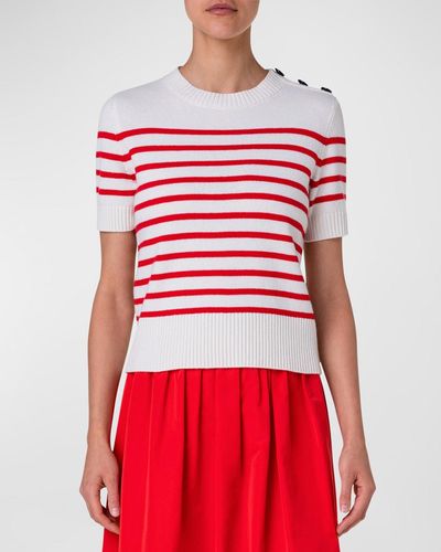 Akris Punto Kodak Stripe Short-Sleeve Button-Shoulder Cashmere Sweater - Red