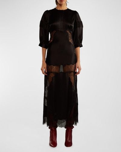 Cynthia Rowley Blouson-Sleeve Lace & Silk Charmeuse Midi Dress - Black