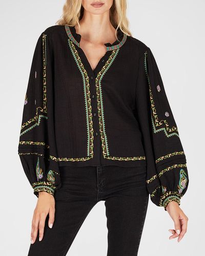 SECRET MISSION Felicia Balloon-Sleeve Embroidered Blouse - Black