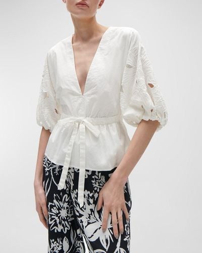Figue Joyce Floral Embroidered Short-Sleeve Waist-Tie Peplum Top - White