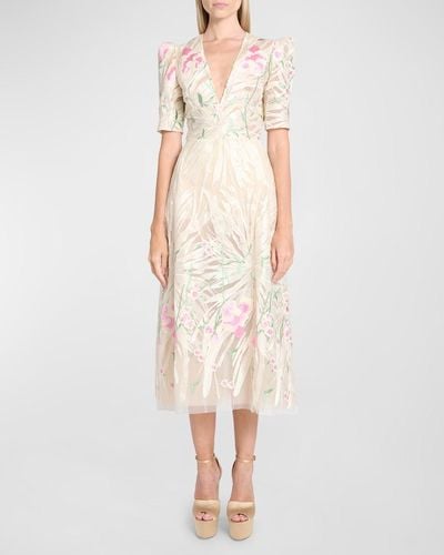 Elie Saab Plunging Floral Embroidered Tulle Short-Sleeve Midi Dress - Natural