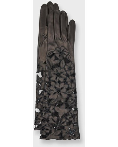 Portolano Cut-Out Floral Nappa Leather Gloves - Black