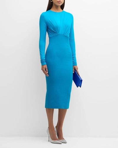 Sergio Hudson Ruched Empire-Waist Long-Sleeve Midi Dress - Blue