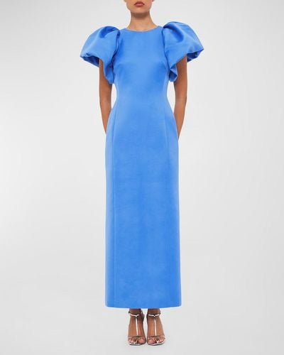LEO LIN Lucinda Puff-Sleeve Column Maxi Dress - Blue
