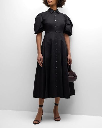 Alexis Amilya Puff-Sleeve Fit & Flare Midi Shirt Dress - Black