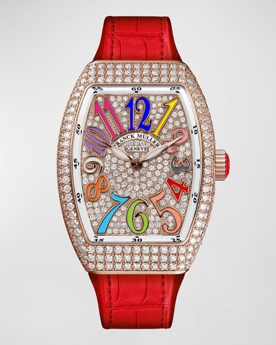 Franck Muller Vanguard 32mm Color Dreams All-diamond Watch W/ Alligator Strap, Red
