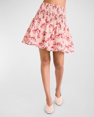 Merlette Duras Smocked Floral-print Mini Skirt - Red