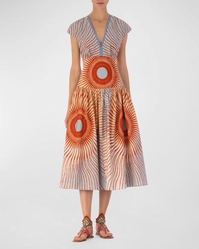 Silvia Tcherassi Cecile Sunburst-Print Cutout Midi Dress - Orange
