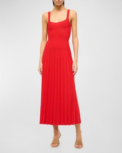 STAUD Ellison Square-Neck Sleeveless Stitched Midi Dress - Red