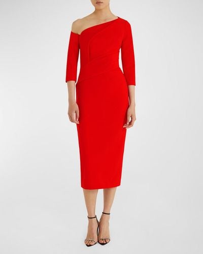 Safiyaa Duan Draped One-Shoulder 3/4-Sleeve Midi Cocktail Dress - Red
