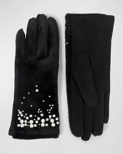 Pia Rossini Juliette Pearlescent Embellished Faux Fur Gloves - Black
