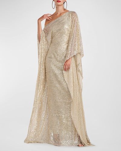 Halston Dee Draped One-Shoulder Sequin Gown - Natural