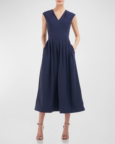 Kay Unger Pleated Cap-Sleeve Midi Dress - Blue