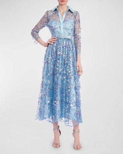 Badgley Mischka Sequin Embroidered Illusion Midi Shirtdress - Blue